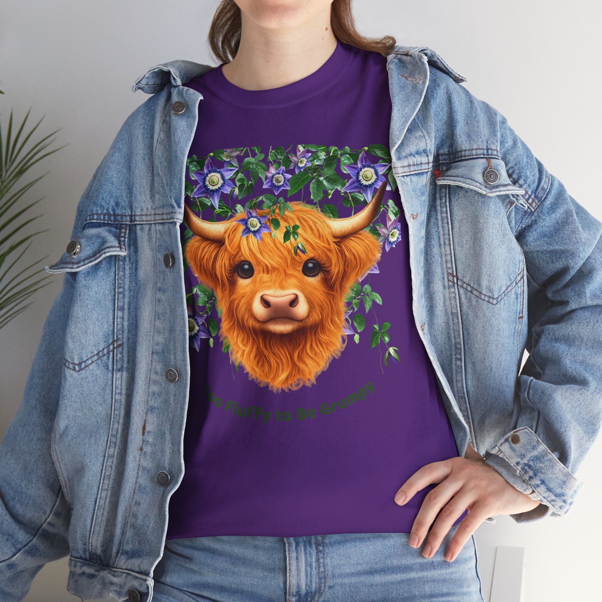 Too Fluffy To Be Grumpy Highland Cow T-Shirt Purple