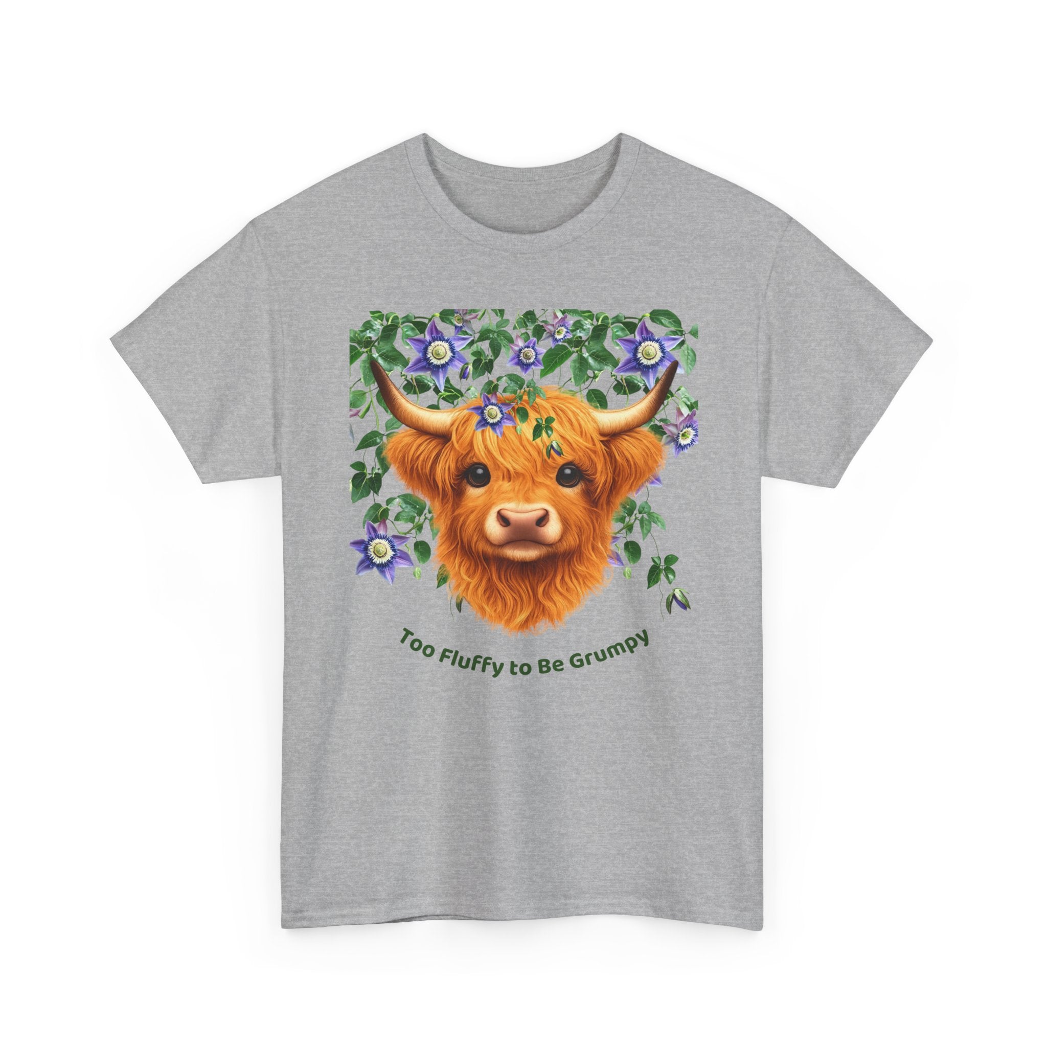 Too Fluffy To Be Grumpy Highland Cow T-Shirt Grey