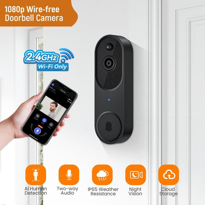 2.4G Wifi Smart Wireless Doorbell Camera for Fall Gift, 1080P Smart Ring Camera Doorbell with AI Human Detection, Motion Detector, Two-Way Audio, Night Vision, Instant Alerts, Indoor/Outdoor Surveillance Camera, Summer Safety Supplies, Camera Security