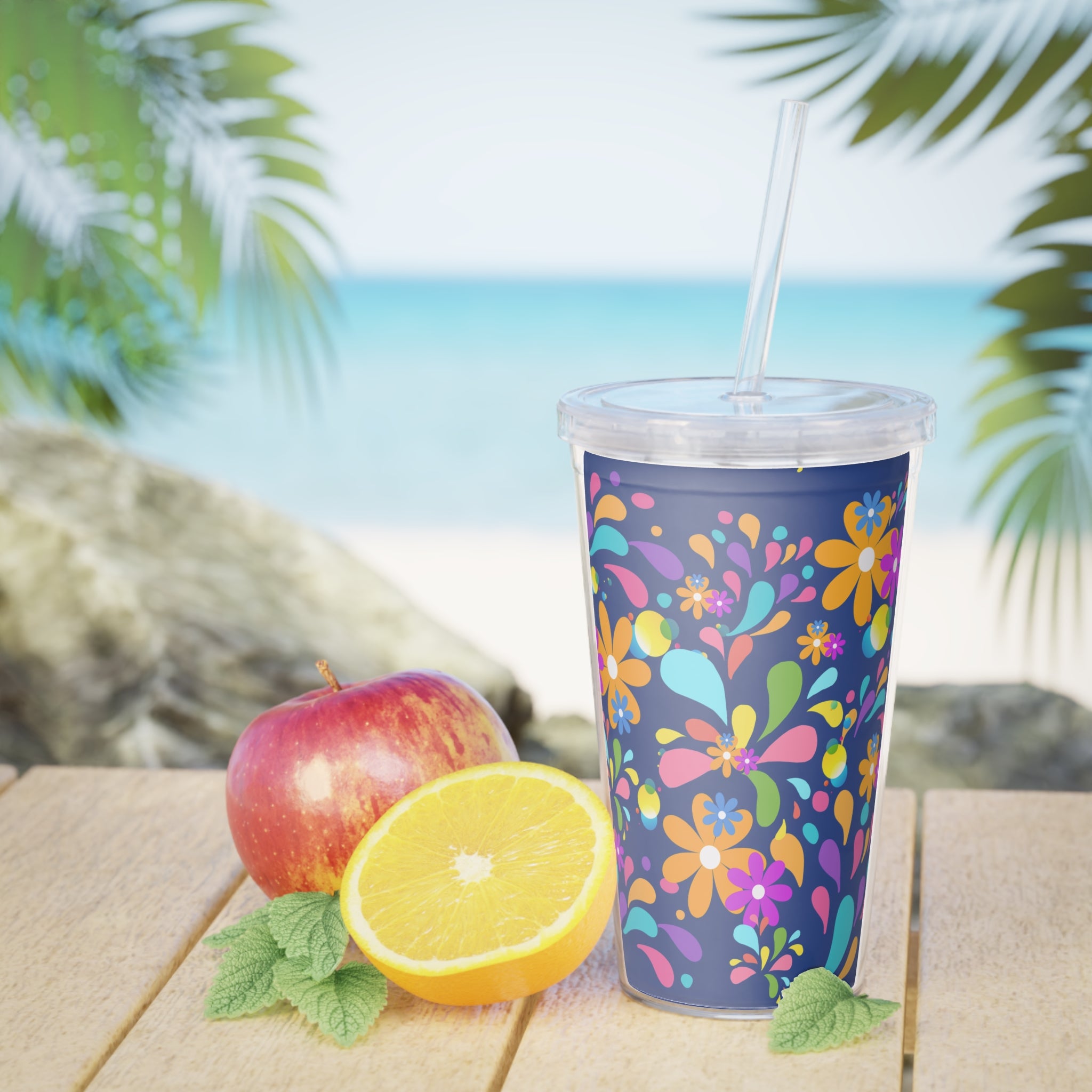 Floral Splash Tumbler with Straw — Retro Flower Design 20oz Tumbler