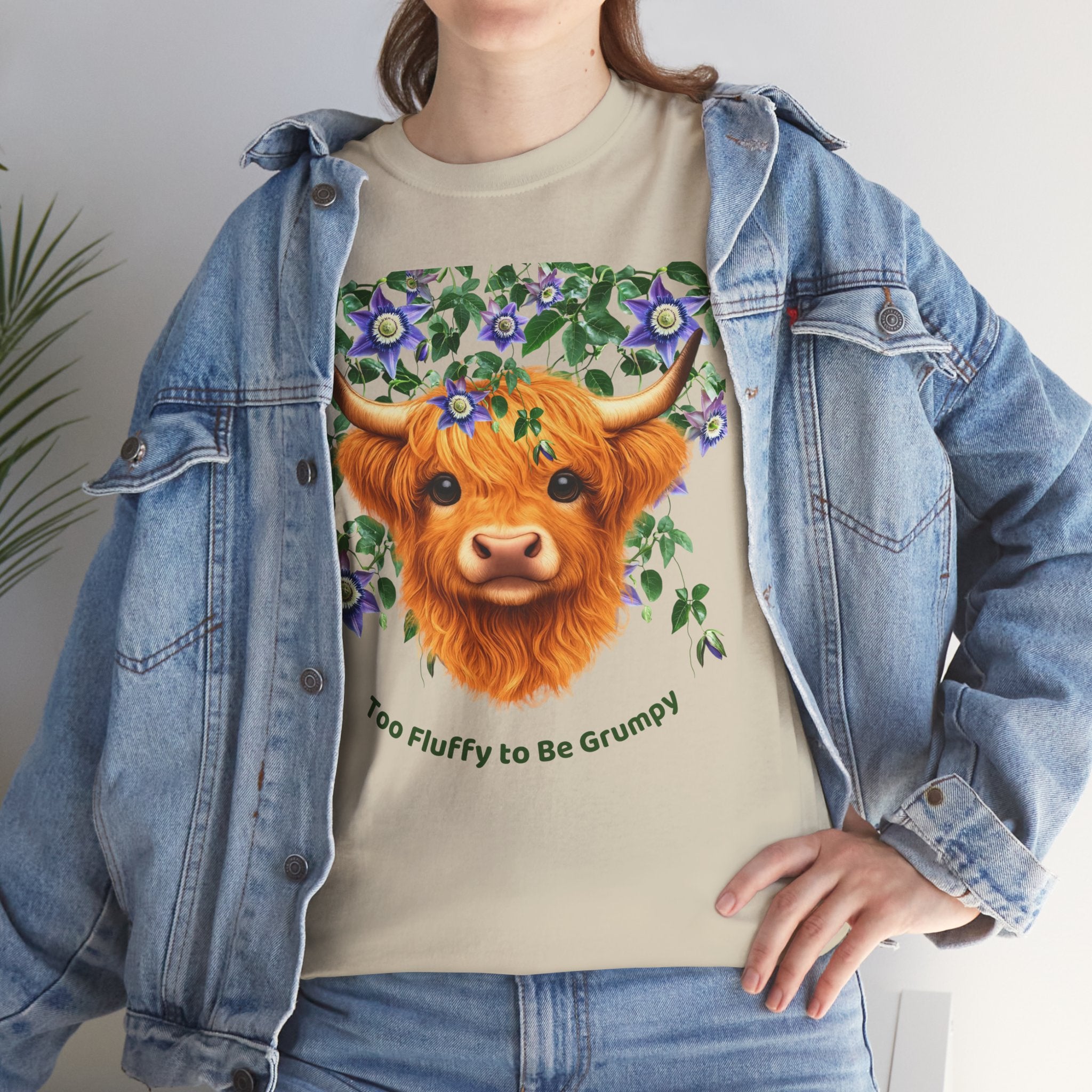 Too Fluffy To Be Grumpy Highland Cow T-Shirt Sand