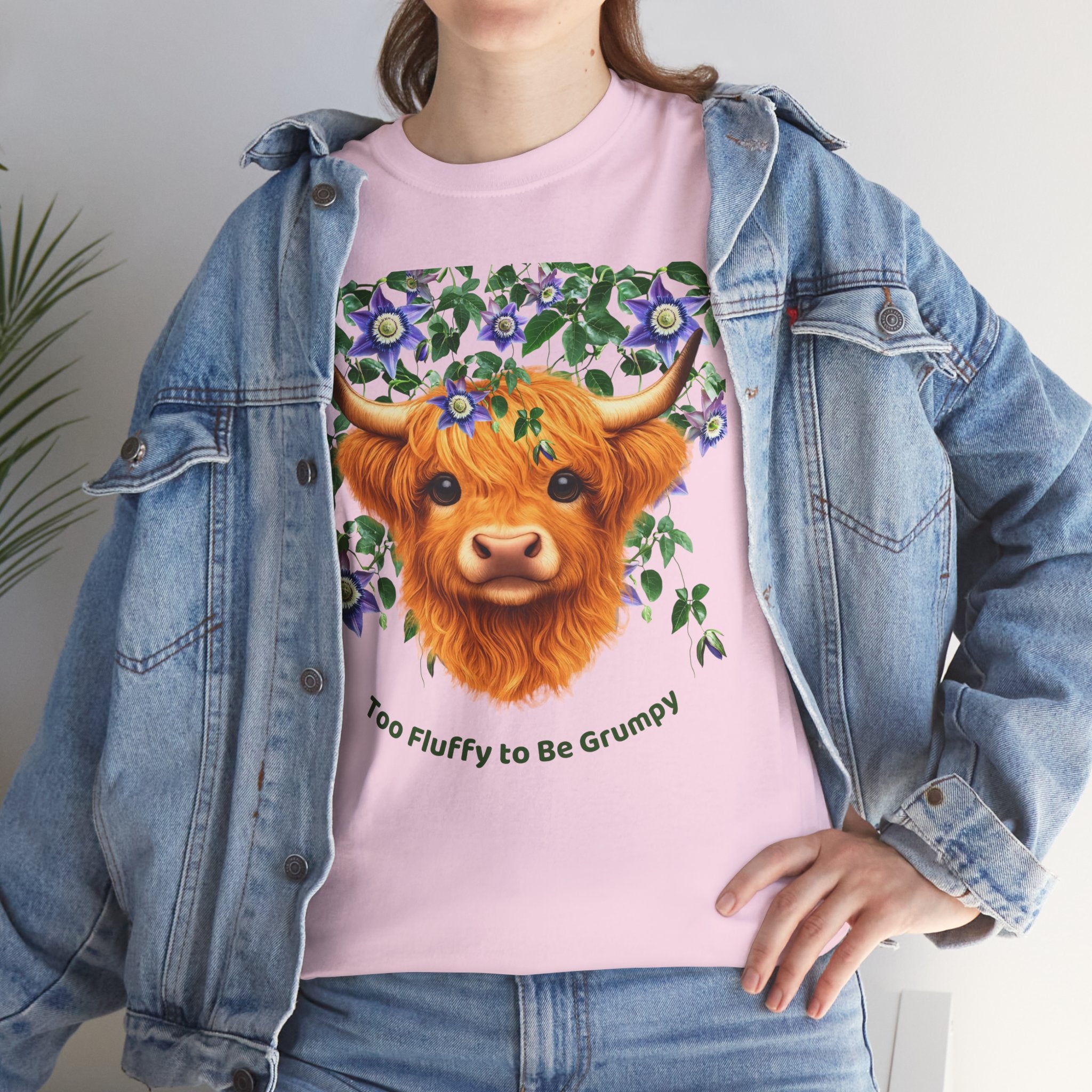 Too Fluffy To Be Grumpy Highland Cow T-Shirt Pink