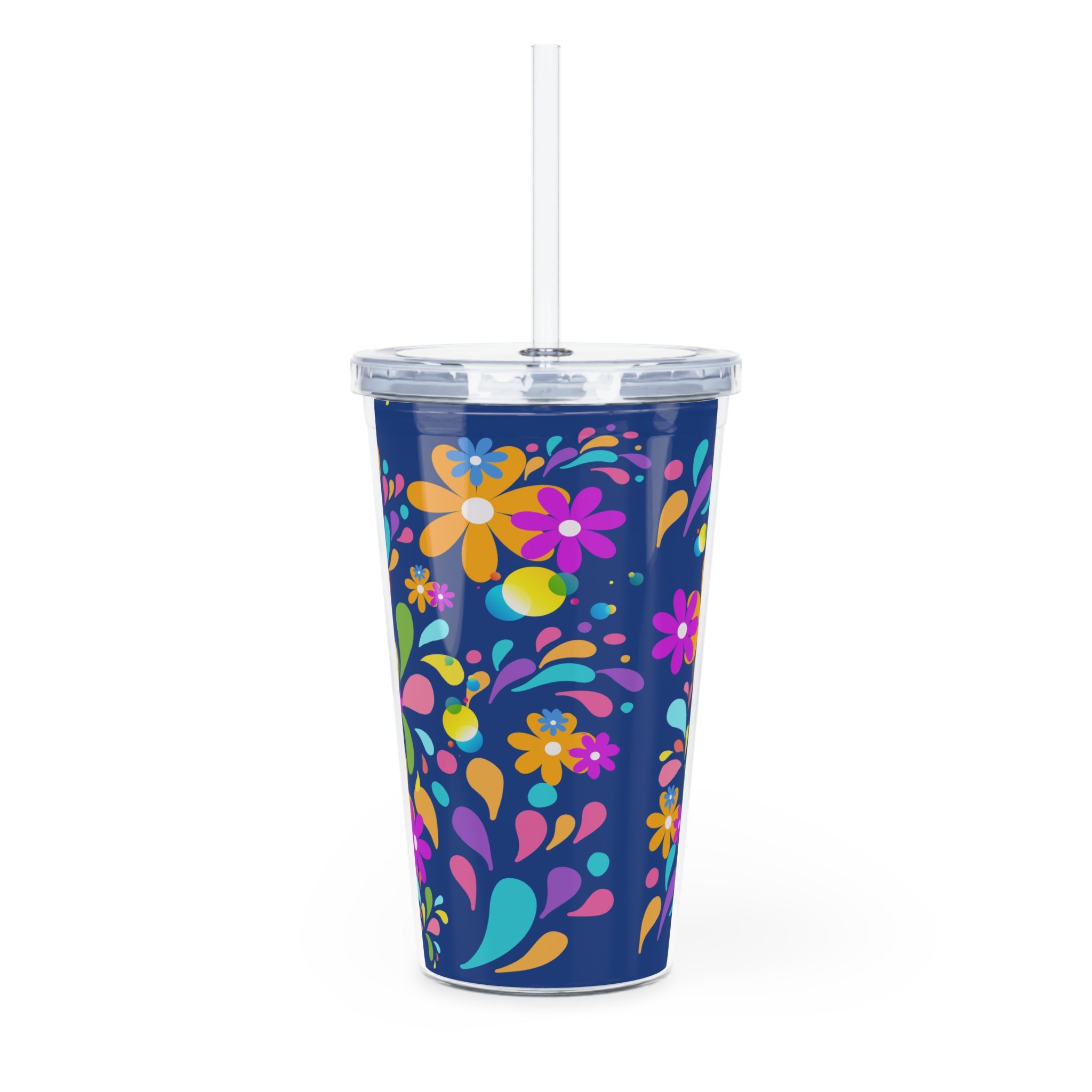Floral Splash Tumbler with Straw — Colorful Retro Flower Design