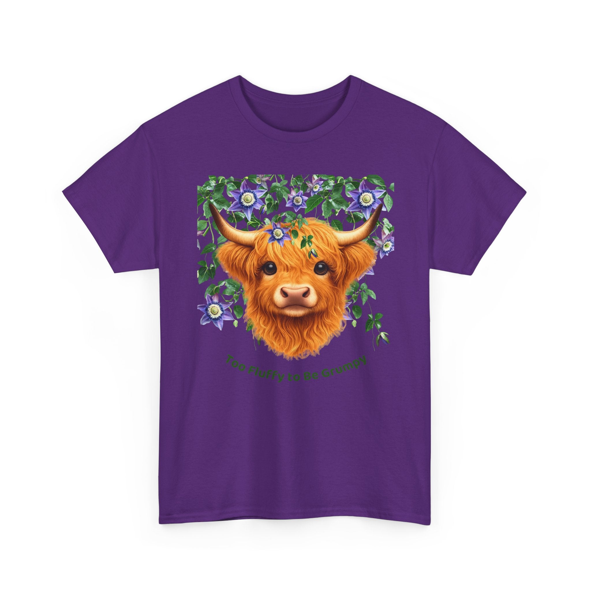 Too Fluffy To Be Grumpy Highland Cow T-Shirt Purple