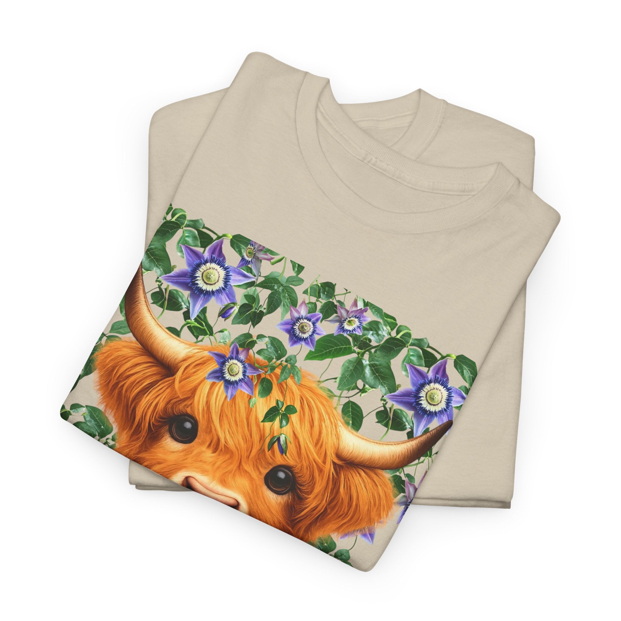 Too Fluffy To Be Grumpy Highland Cow T-Shirt Sand