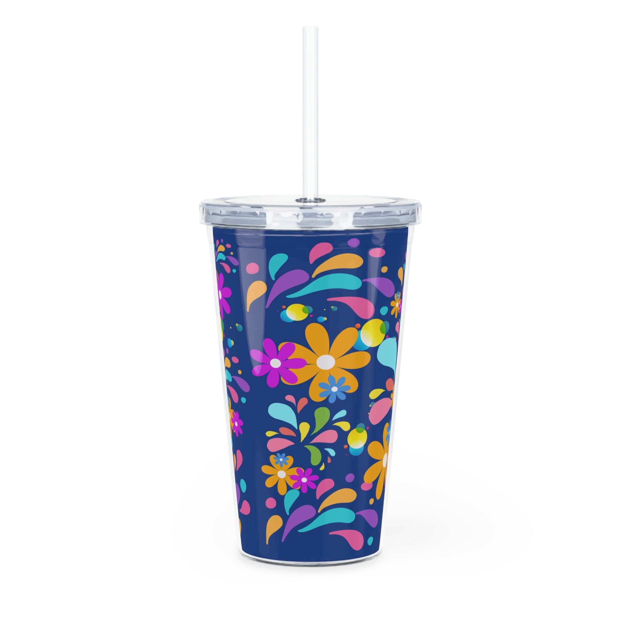 Floral Splash Tumbler with Straw — Colorful Retro Flower Design