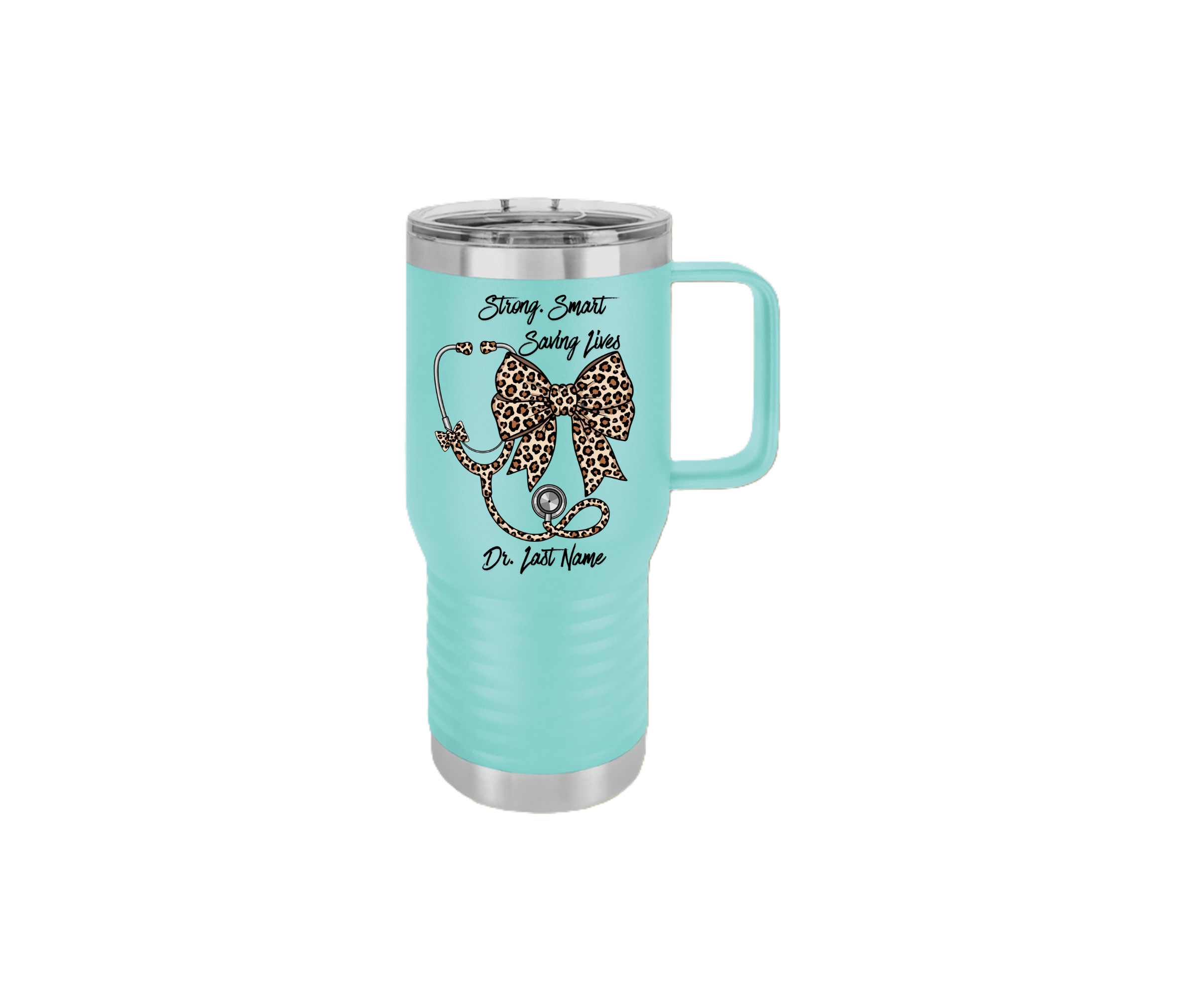 Leopard Bow Nurse Travel Mug — "Strong, Smart, Saving Lives" 20oz