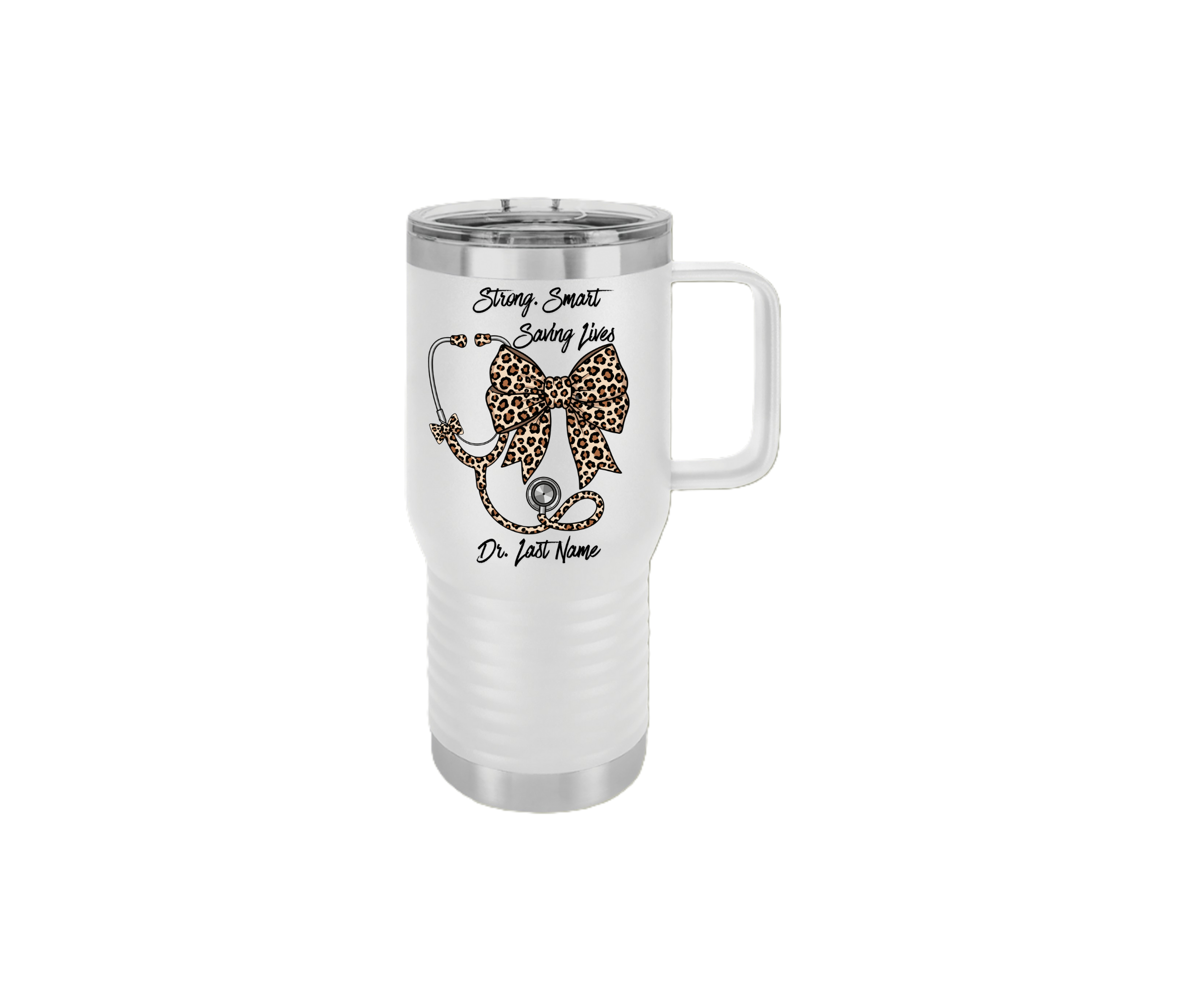 Leopard Bow Nurse Travel Mug — "Strong, Smart, Saving Lives" 20oz