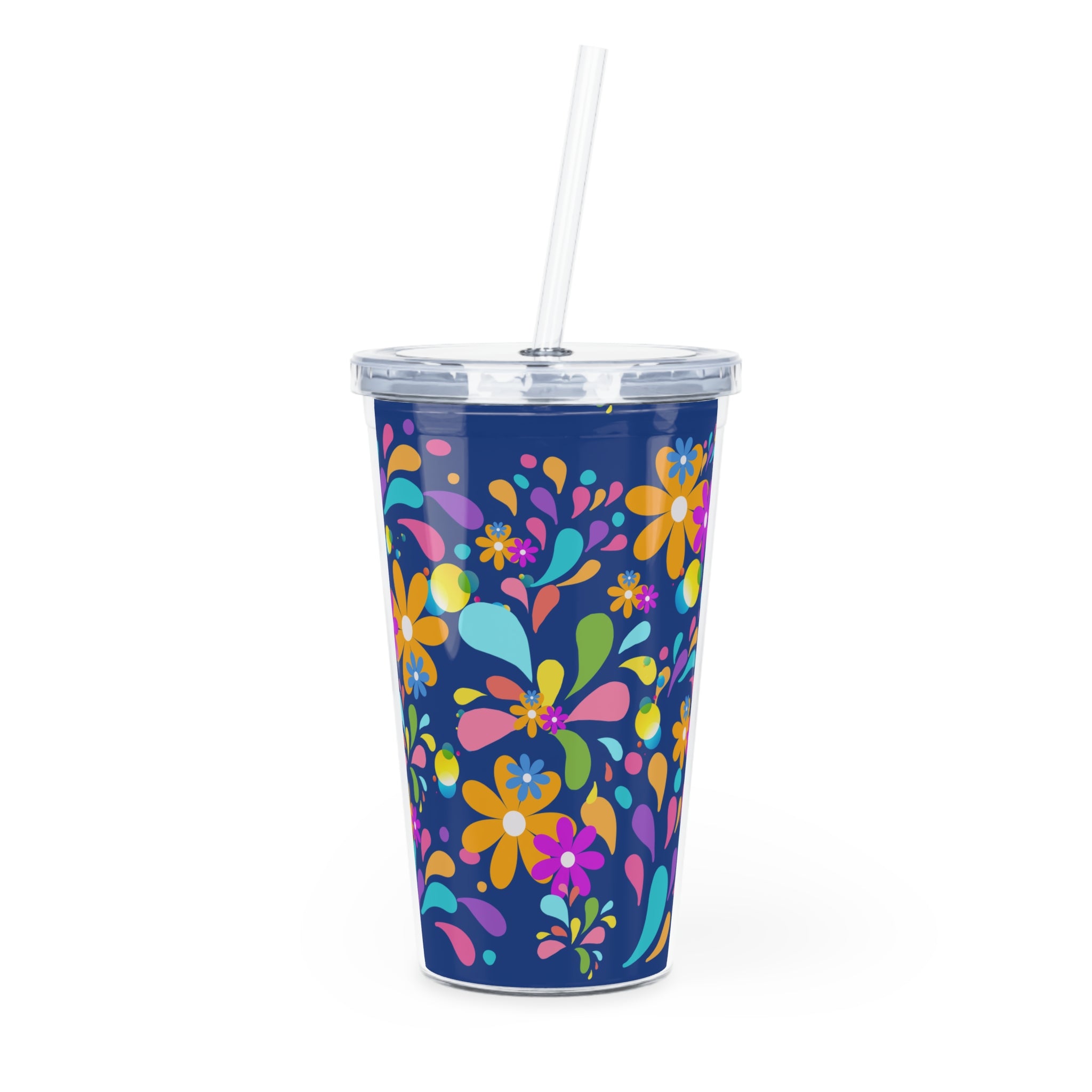 Floral Splash Tumbler with Straw — Colorful Retro Flower Design