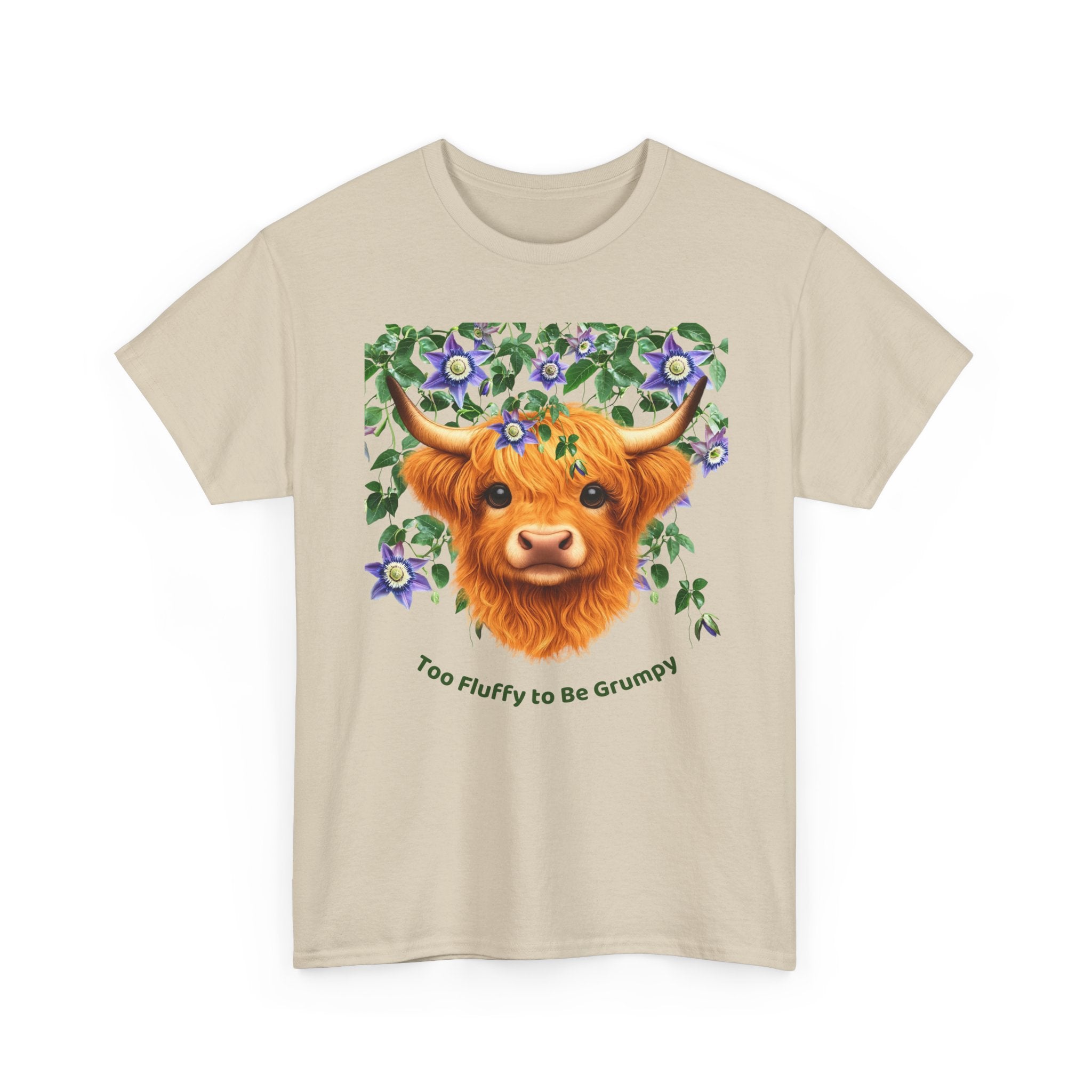 Too Fluffy To Be Grumpy Highland Cow T-Shirt Sand
