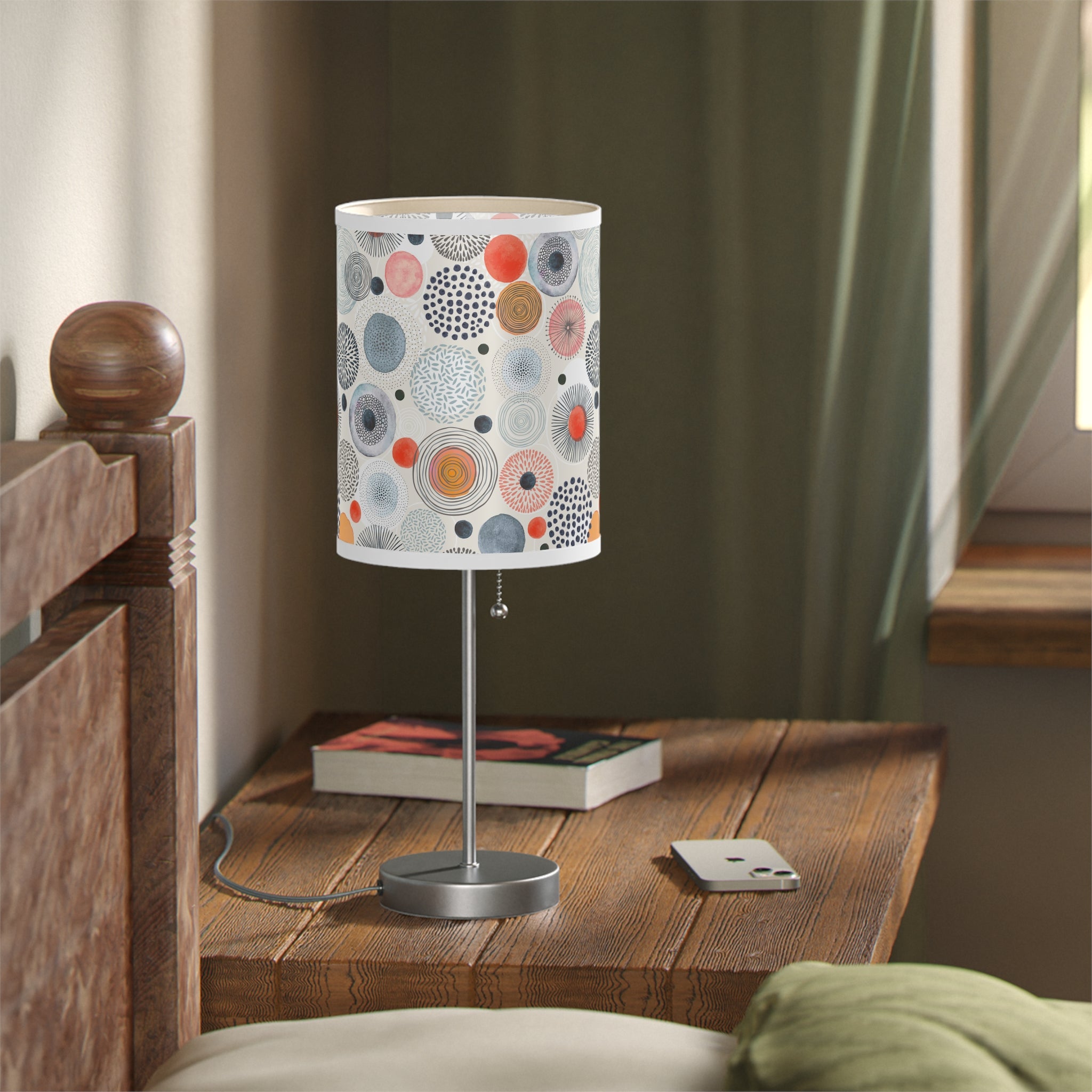 Table Lamp with Modern Abstract Dot Shade — Coral & Gray Decorative Bedside Light (US/CA Plug) - Home Decor