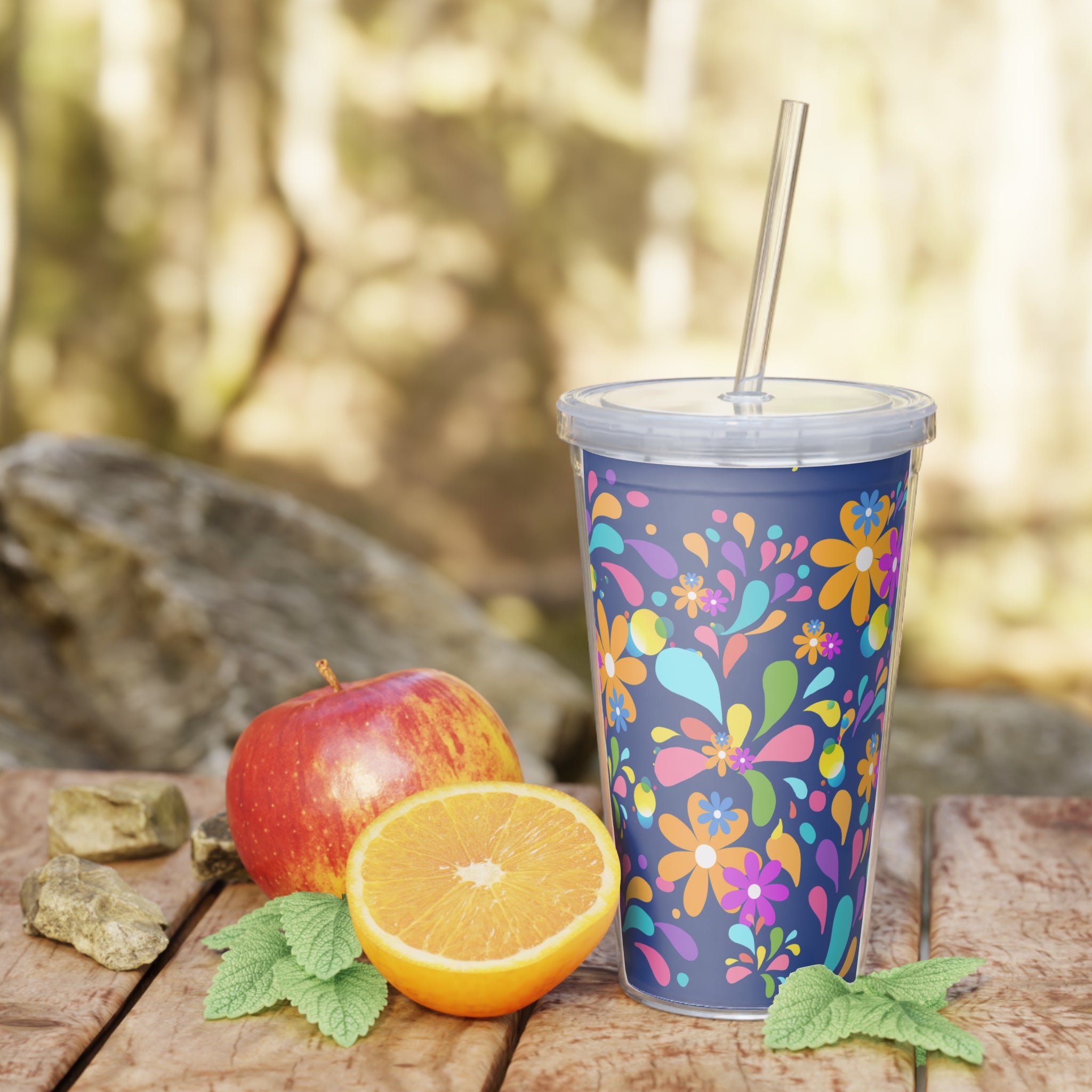 Floral Splash Tumbler with Straw — Colorful Retro Flower Design