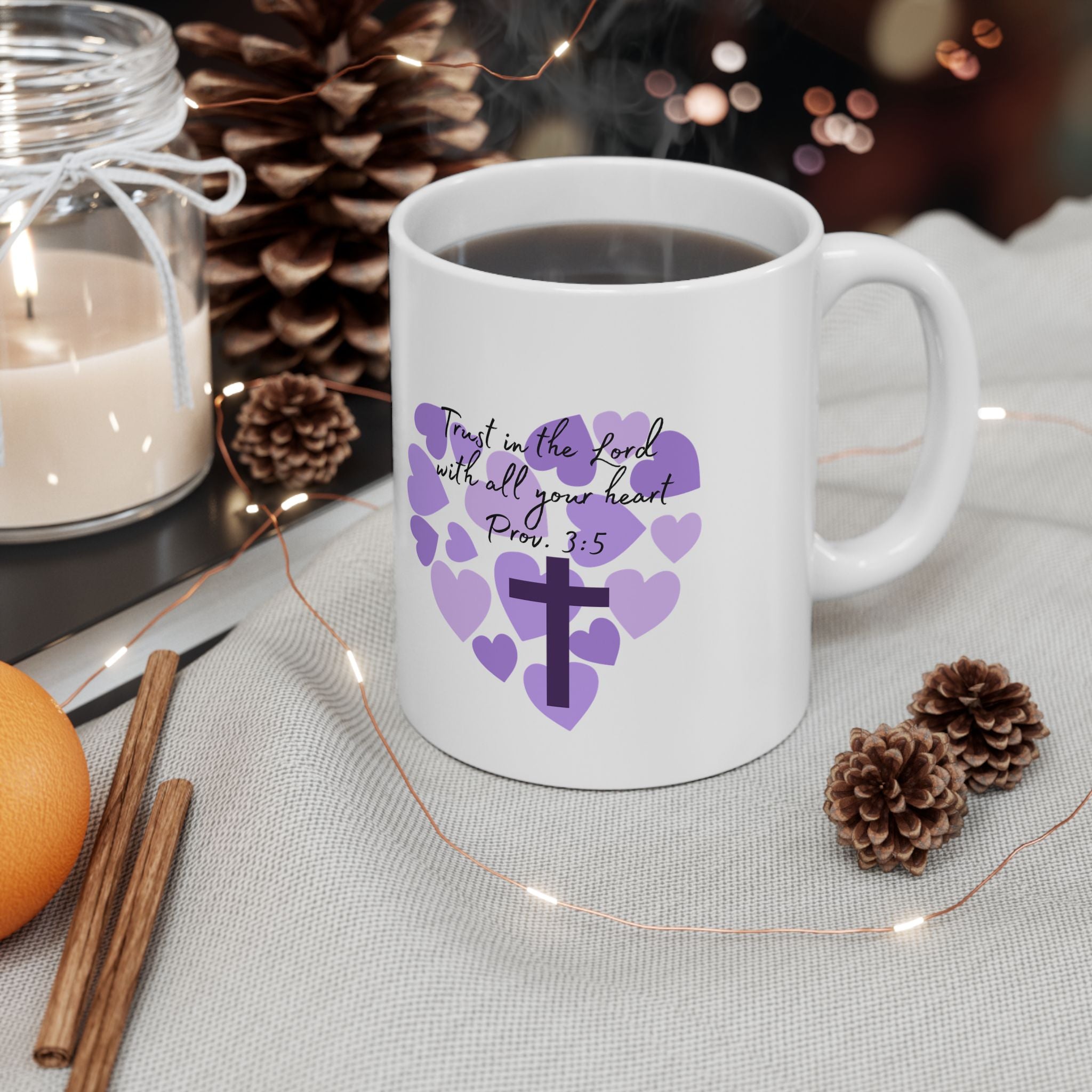Purple Heart Ceramic Mug - Trust in the Lord with all of your heart - Mug
