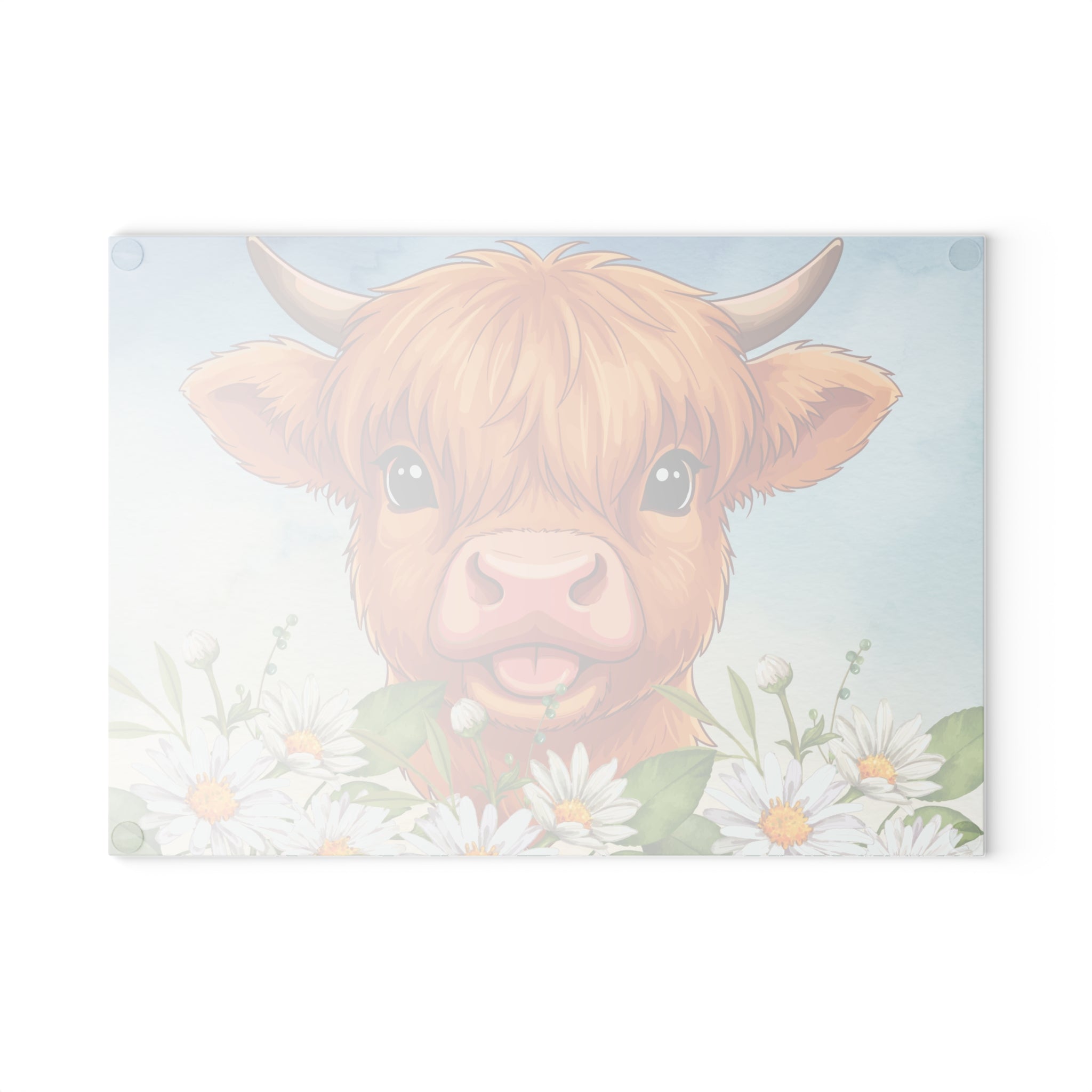 Glass Cutting Board — Cute Highland Cow with Daisies Decorative Kitchen Chopping Board