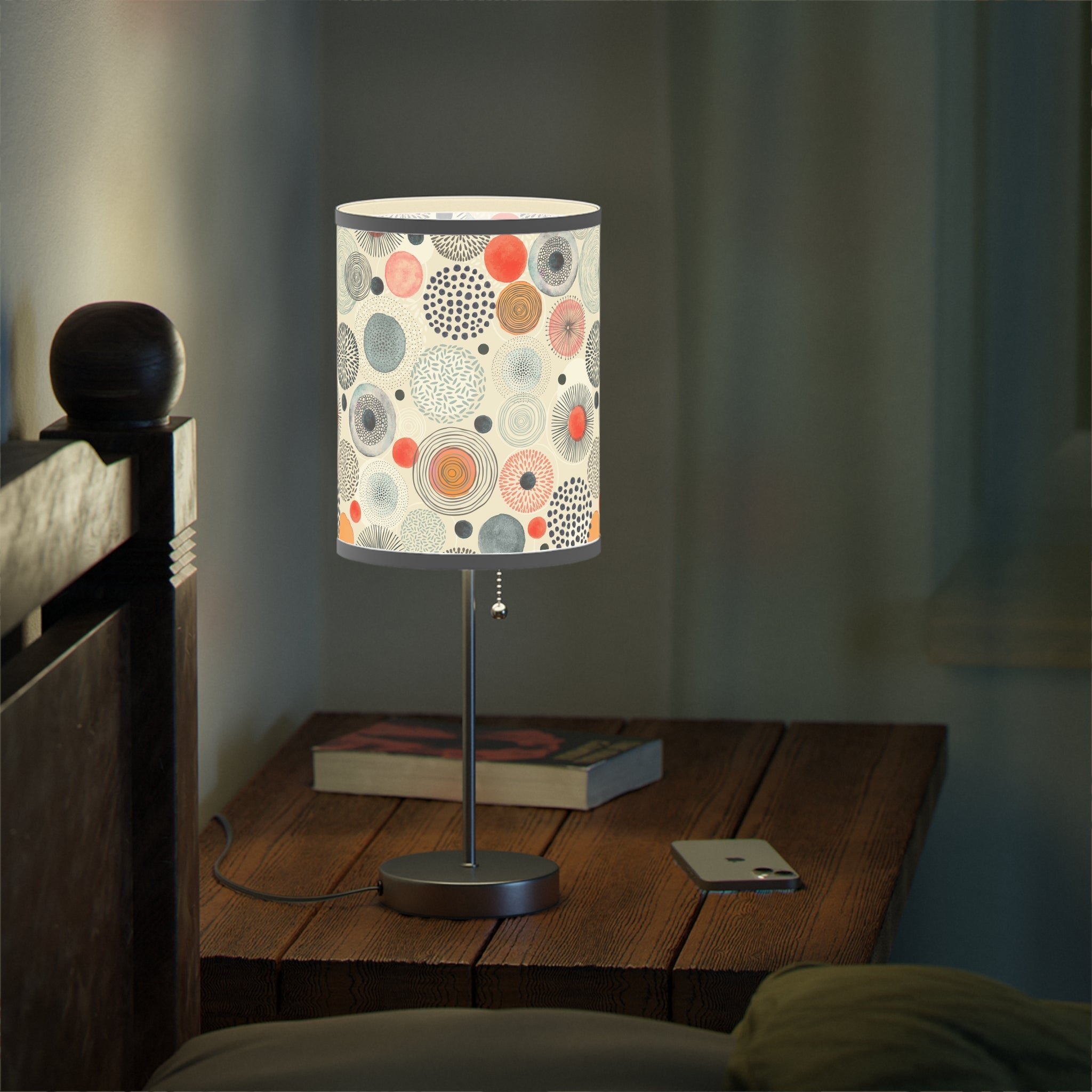 Table Lamp with Modern Abstract Dot Shade — Coral & Gray Decorative Bedside Light (US/CA Plug) - Home Decor