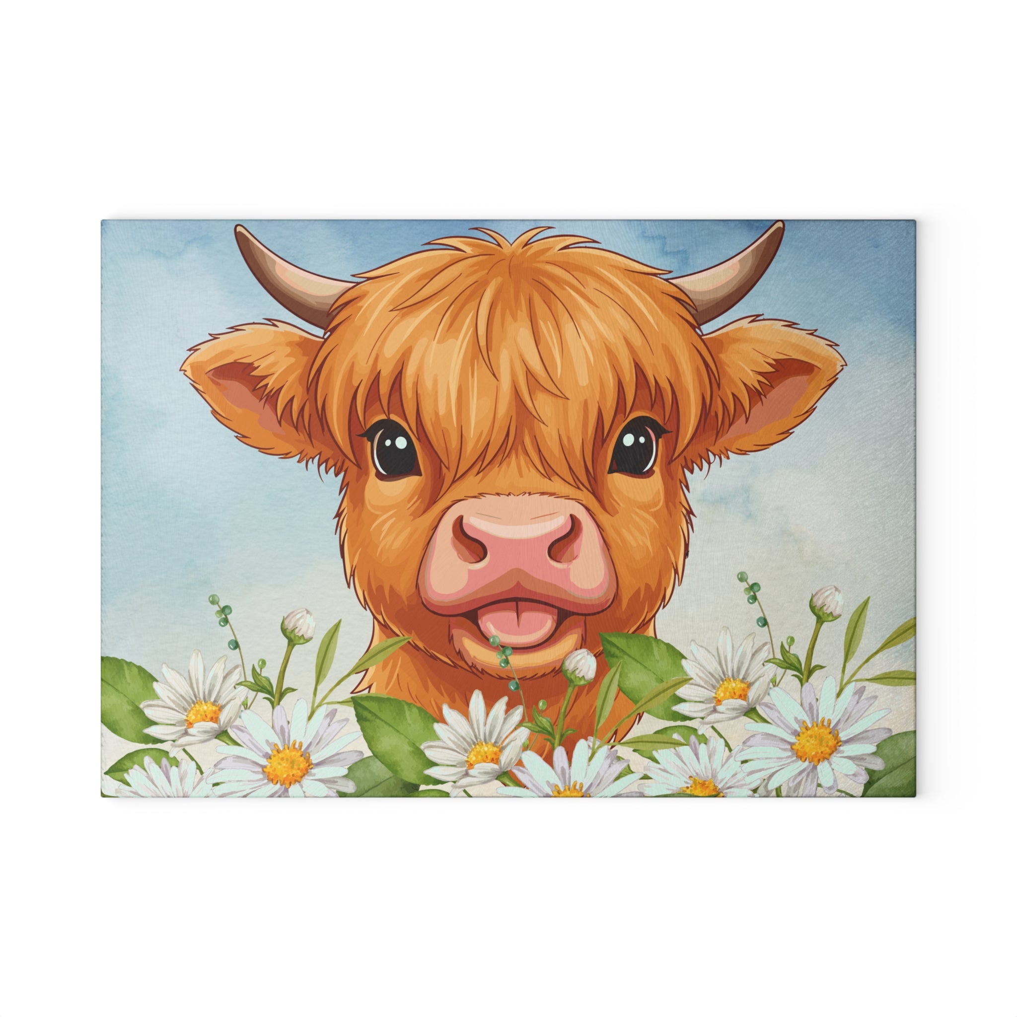 Glass Cutting Board — Cute Highland Cow with Daisies Decorative Kitchen Chopping Board