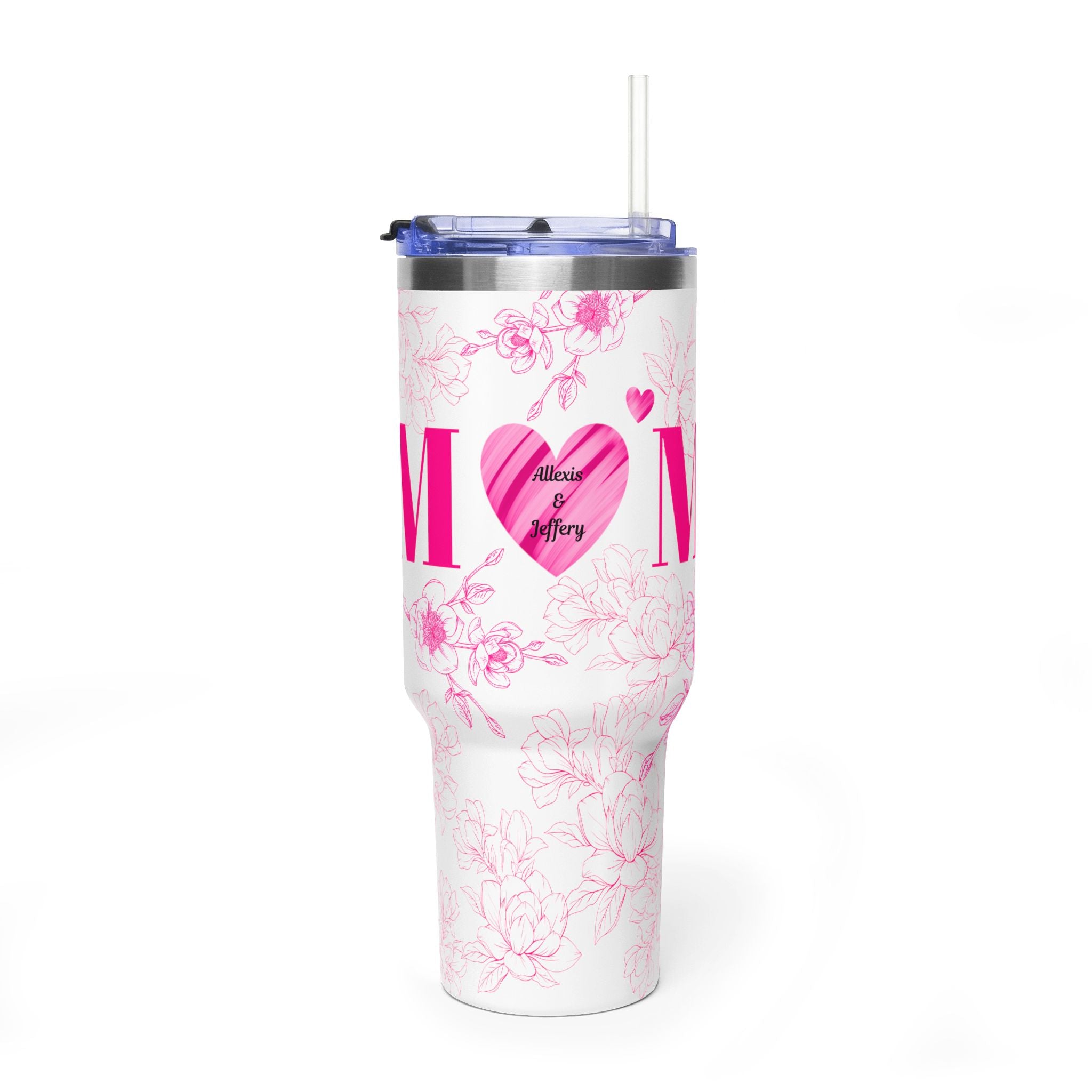 40oz Mom Floral Vacuum Tumbler – Pink Heart "Mom" Insulated Travel Mug
