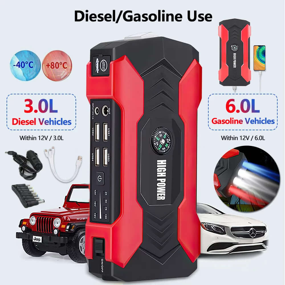 Rev up your ride with our powerful 28000mAh Car Jump Starter! 🚗💨 600A portable charger & LED flashlight included! Never get stranded again! 🔋✨