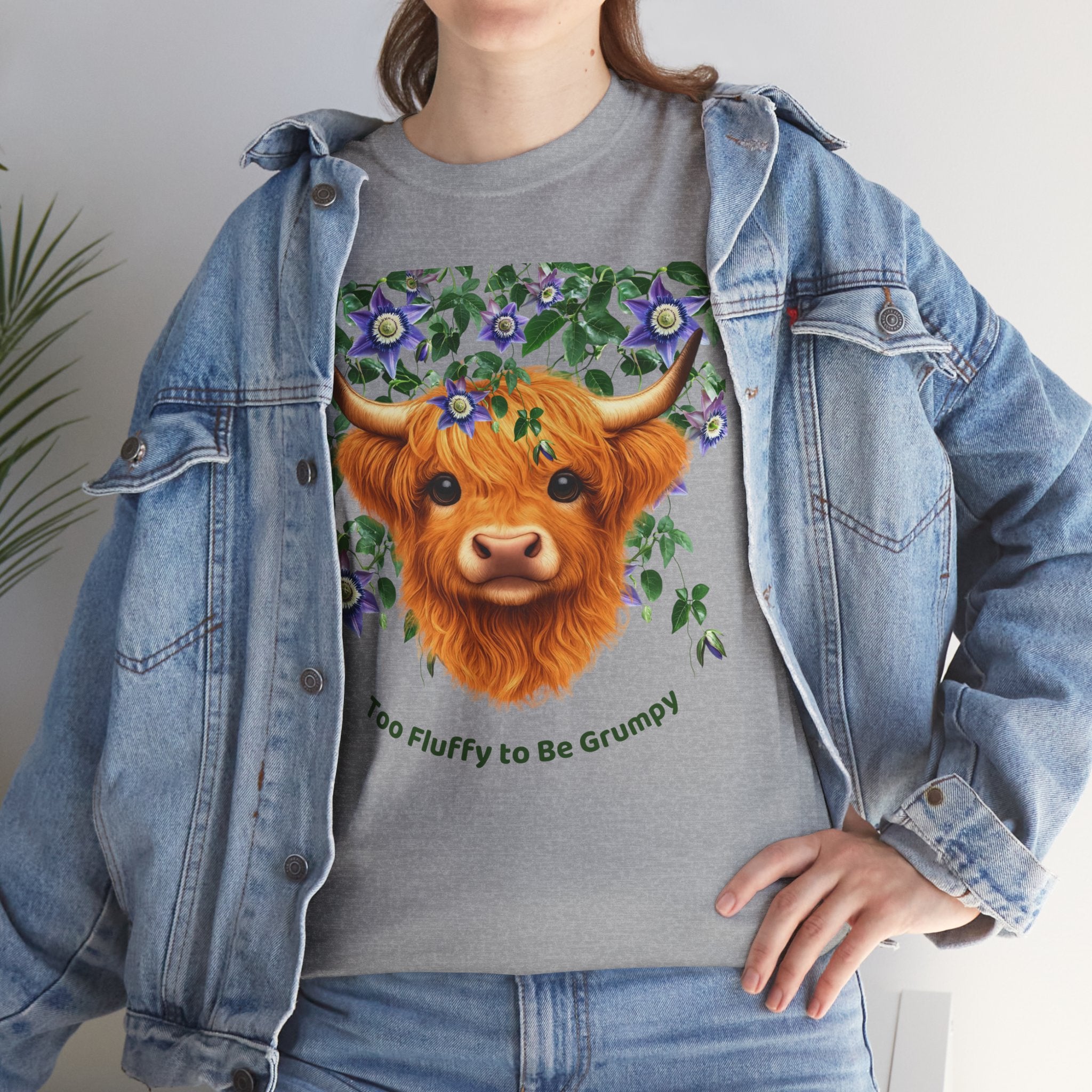 Too Fluffy To Be Grumpy Highland Cow T-Shirt Grey