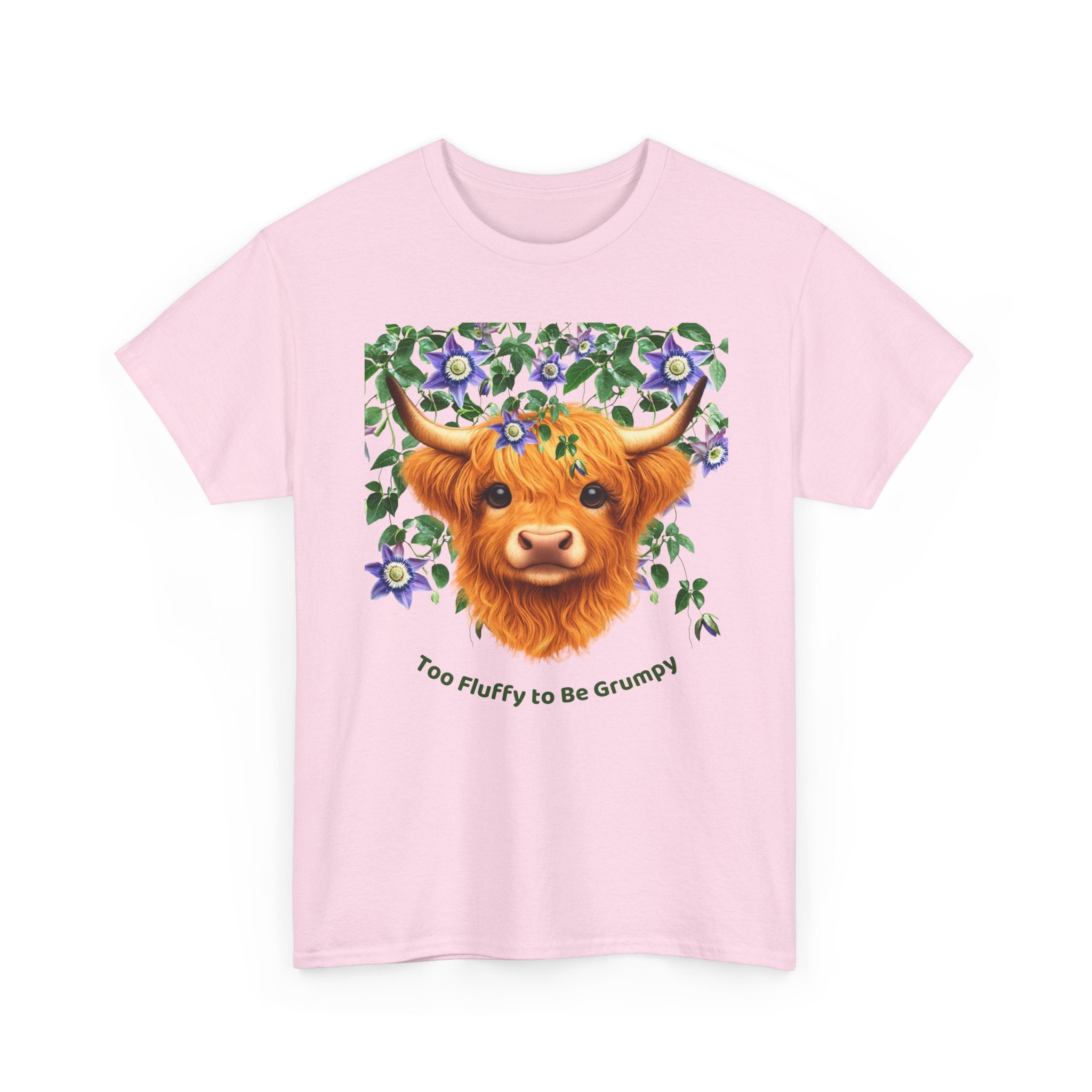 Too Fluffy To Be Grumpy Highland Cow T-Shirt Pink