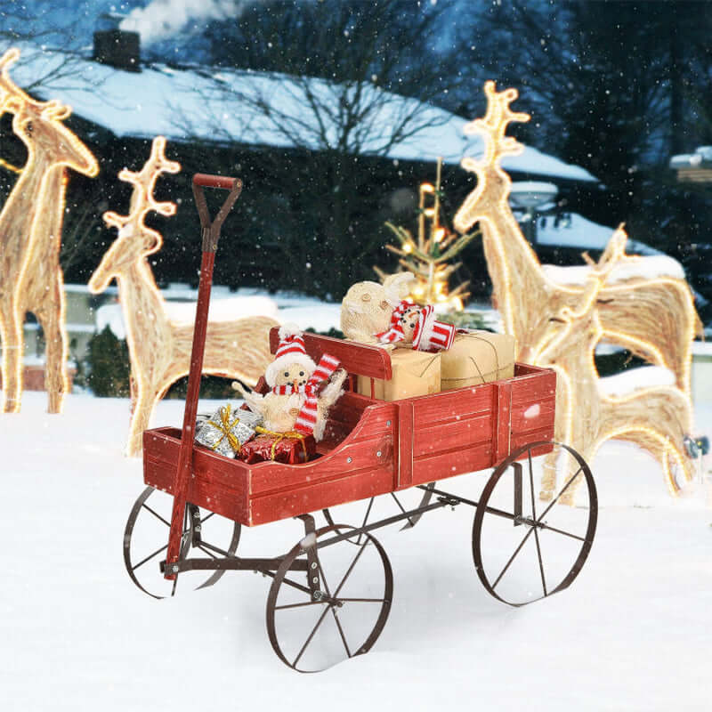 Charming Wooden Wagon Plant Bed with Durable Metal Wheels for Your Garden, Yard, or Patio