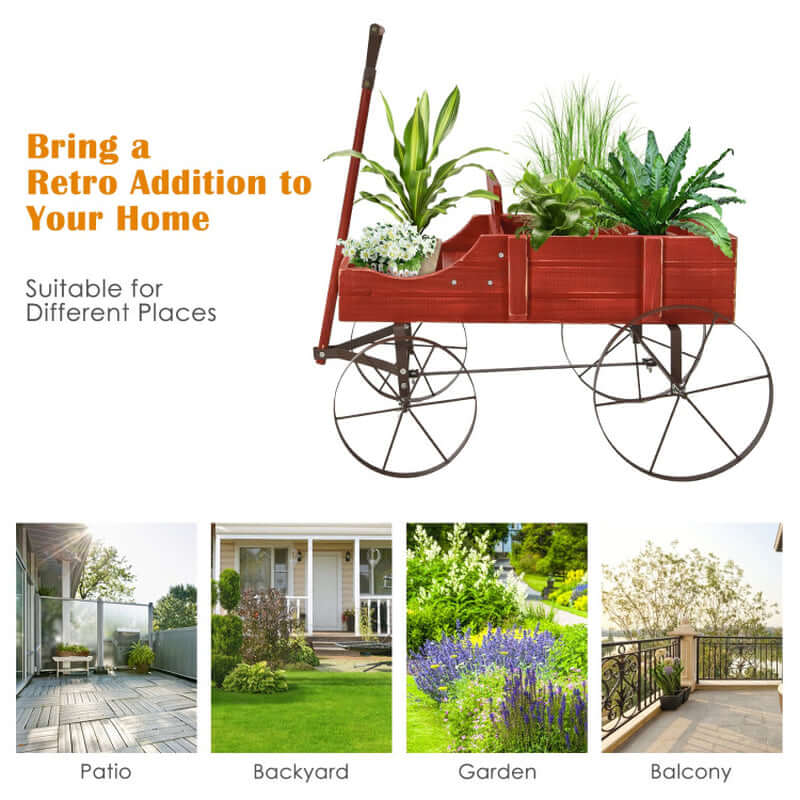 Charming Wooden Wagon Plant Bed with Durable Metal Wheels for Your Garden, Yard, or Patio