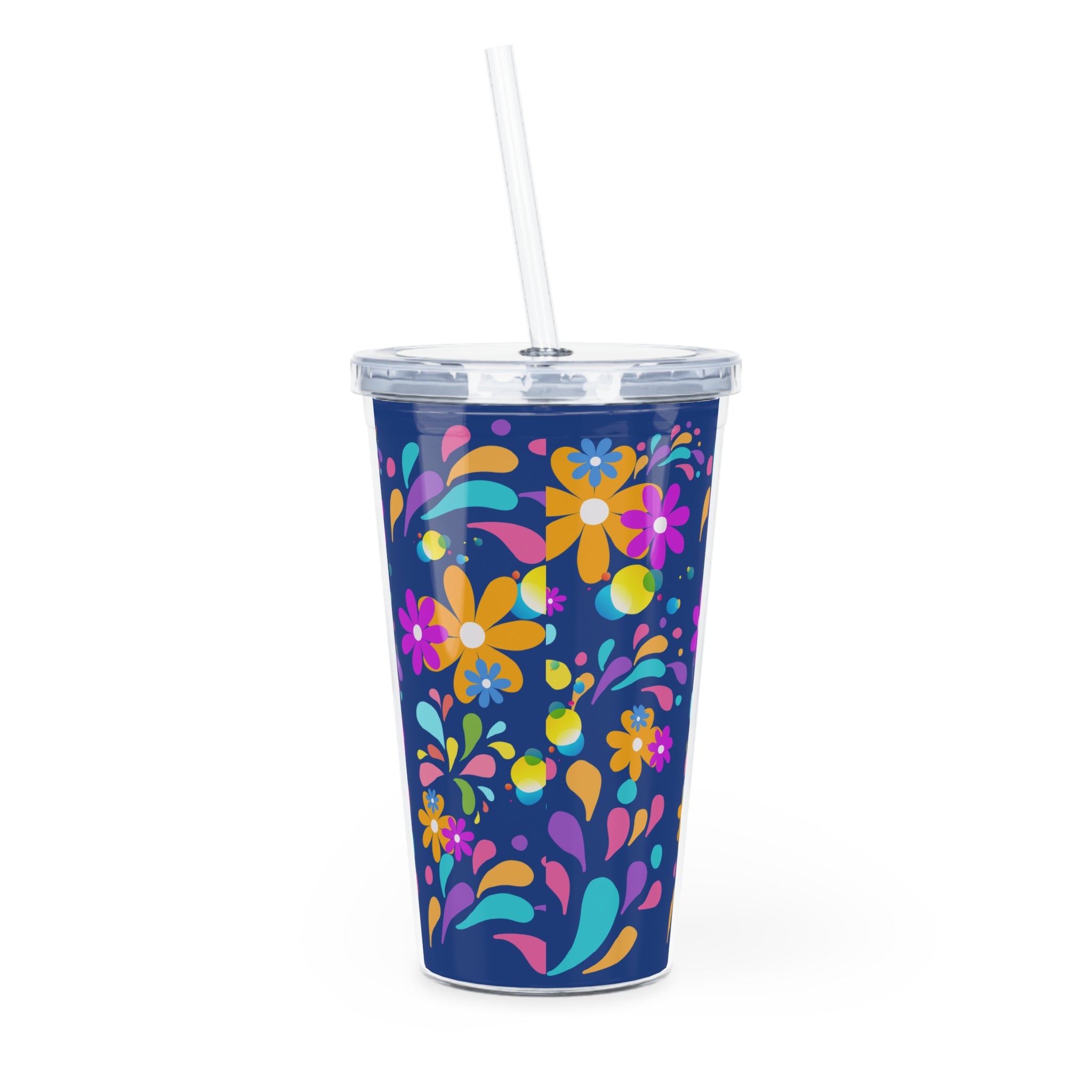 Floral Splash Tumbler with Straw — Colorful Retro Flower Design