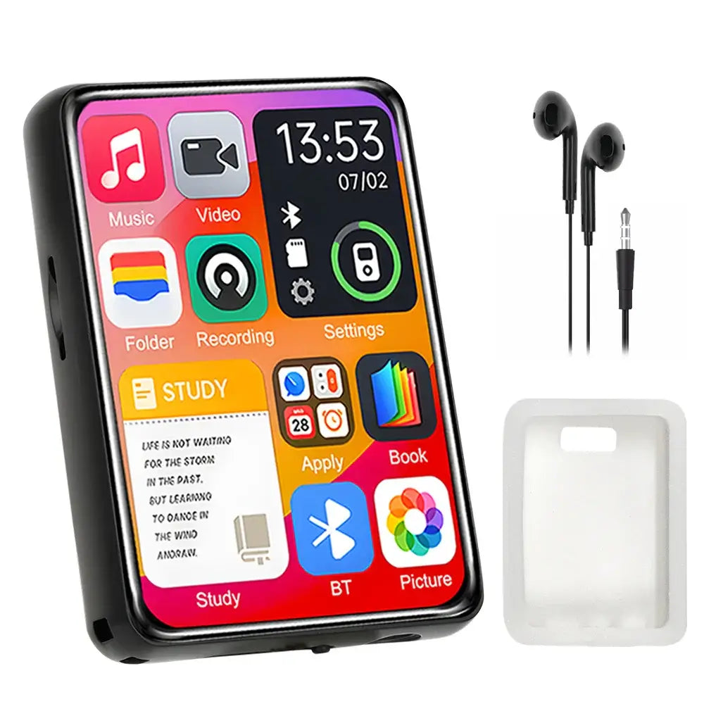 Bluetooth HiFi MP3 Player with touch screen, wired earbuds, and white protective case, optimized for music, study, and recording.
