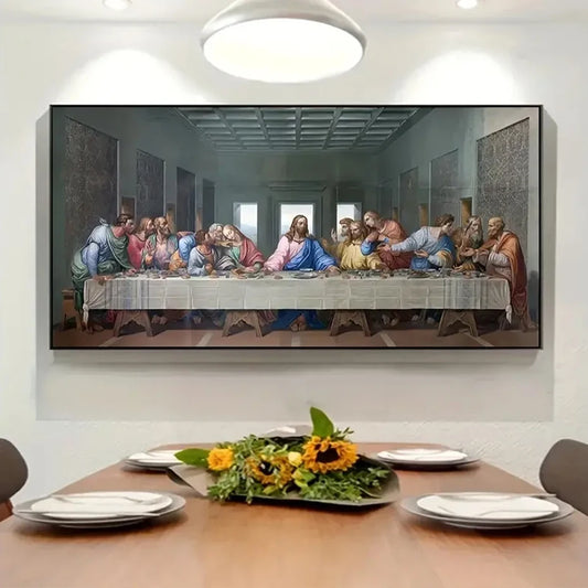Last Supper canvas print displayed above a dining table, enhancing home décor with spiritual and artistic elegance.