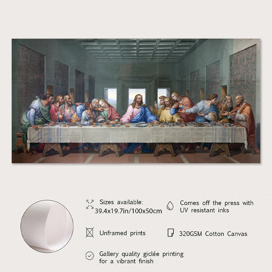 Product details of Last Supper canvas print showing UV-resistant inks, 320GSM cotton canvas, and unframed gallery-quality finish.