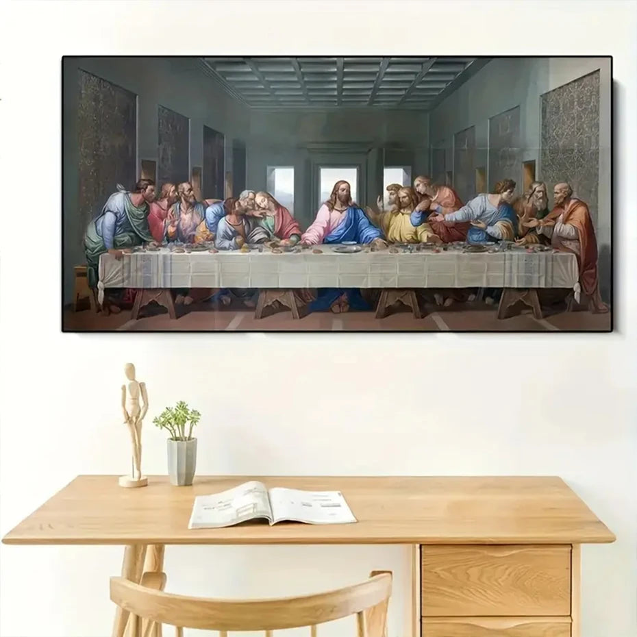 Last Supper canvas print hung above a minimalist desk setup, ideal for adding fine detail to home or prayer spaces.