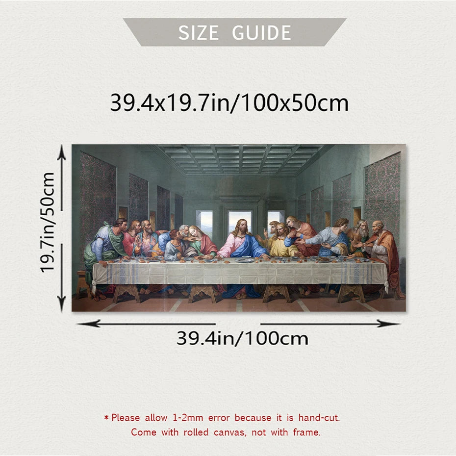 Size guide for Last Supper canvas print, measuring 39.4x19.7 inches, printed on high-quality cotton canvas with hand-cut precision.