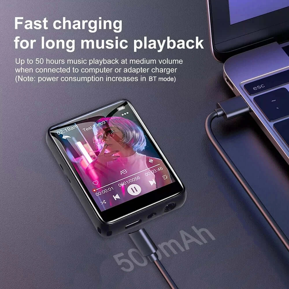 Fast-charging Metal MP3 Player with 50-hour music playback, connected via USB Type-C for extended audio performance on the go.