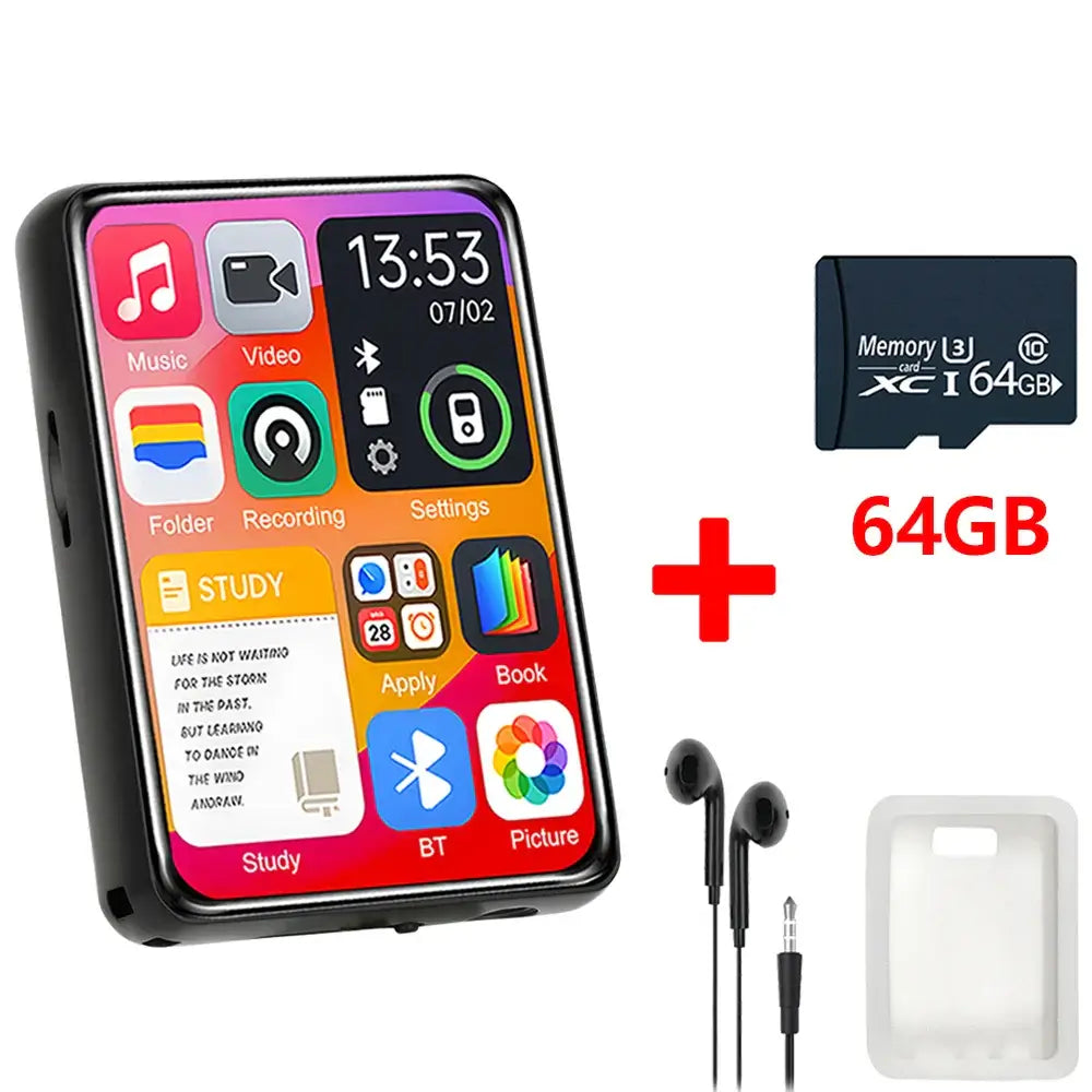 HiFi MP3 Player with 64GB memory card, earphones, and case, featuring colorful UI for audio, video, and study applications.