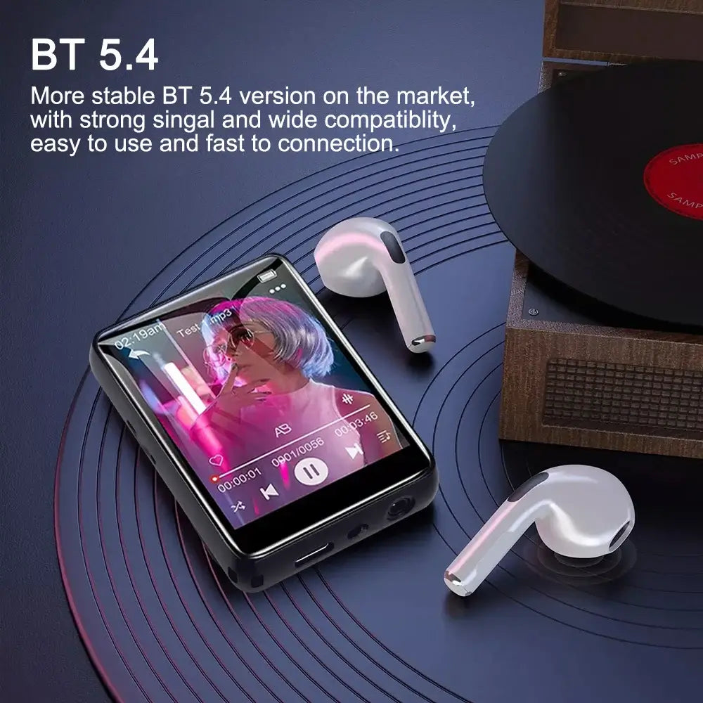 Bluetooth 5.4 Metal MP3 Player with HiFi sound, wireless earbuds, and vinyl-themed background, ideal for stable wireless music playback.