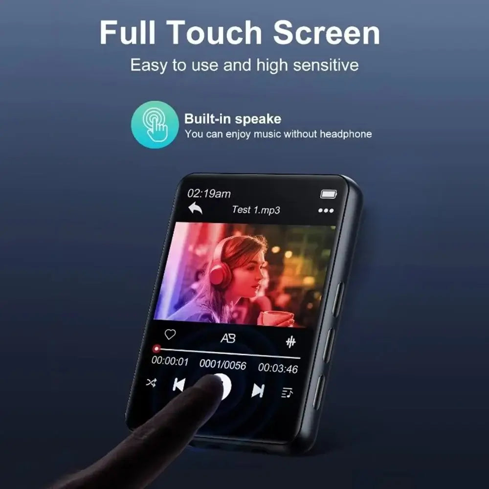 HiFi MP3 Player with full touch screen and built-in speaker, displaying music playback interface with high sensitivity controls.