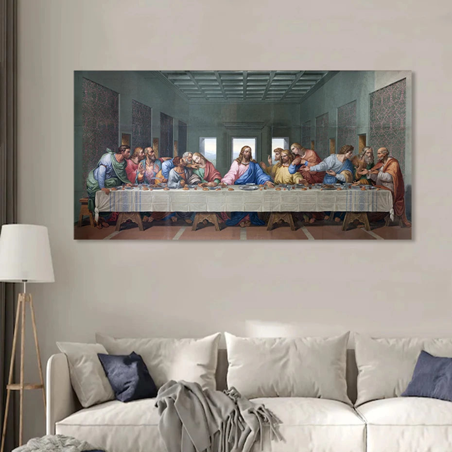 Last Supper canvas print mounted in a modern living room, offering a refined and spiritual touch to interior décor.