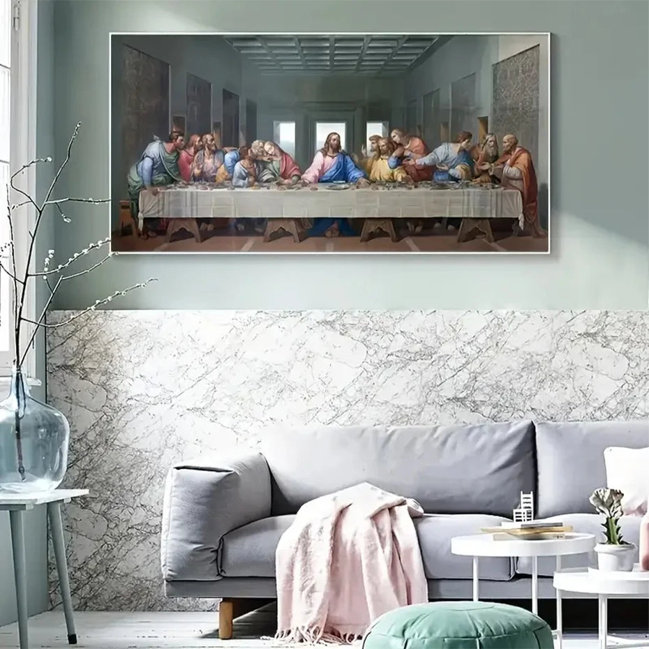 Last Supper canvas print featured in a stylish living space with marble accents, perfect for enhancing home ambiance.