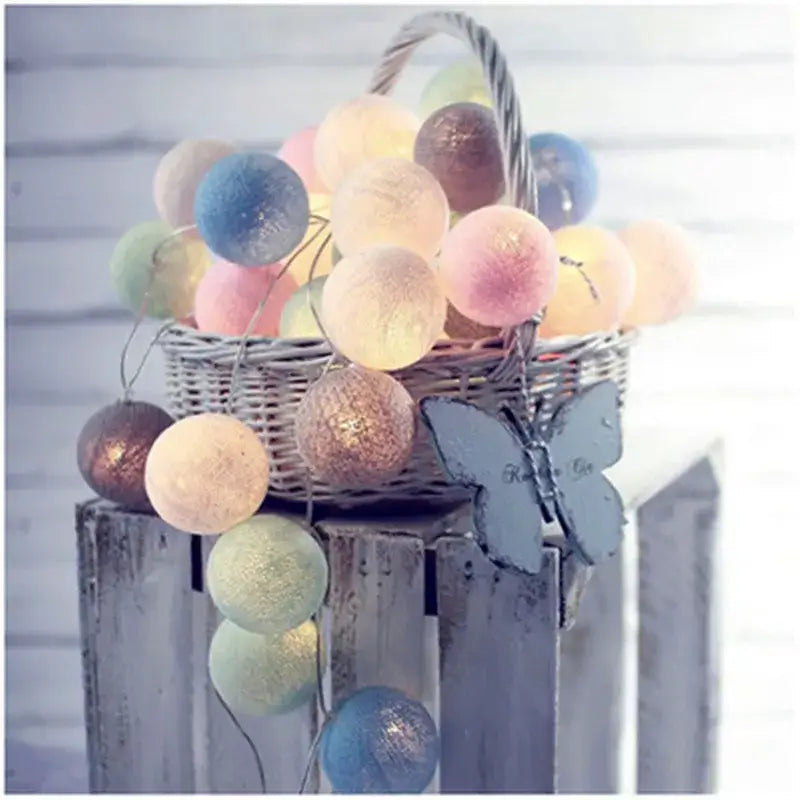 Basket filled with pastel LED String Lights Cotton Balls, perfect for decorative lighting in bedrooms or living rooms.