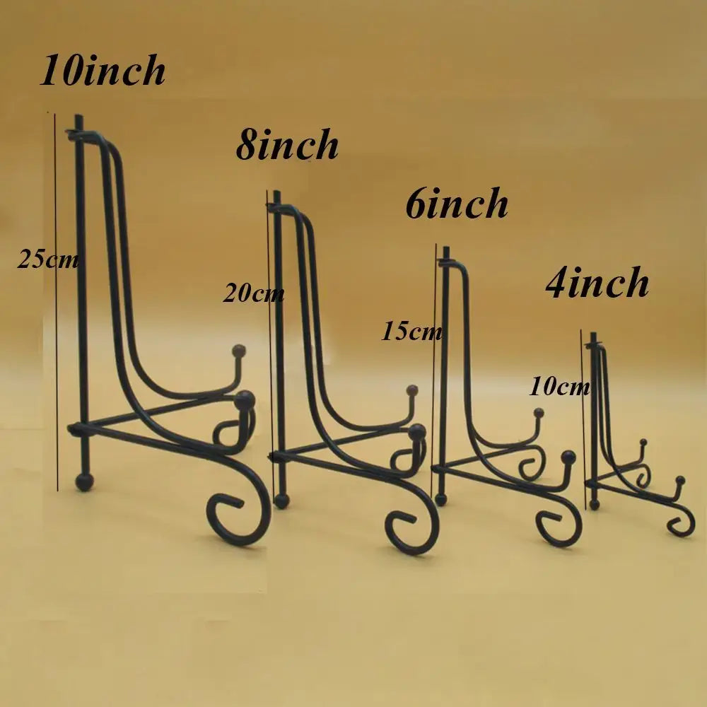 Four sizes of black iron plate rack easels from 4 to 10 inches. Versatile display stands for plates, frames, and decorative items.
