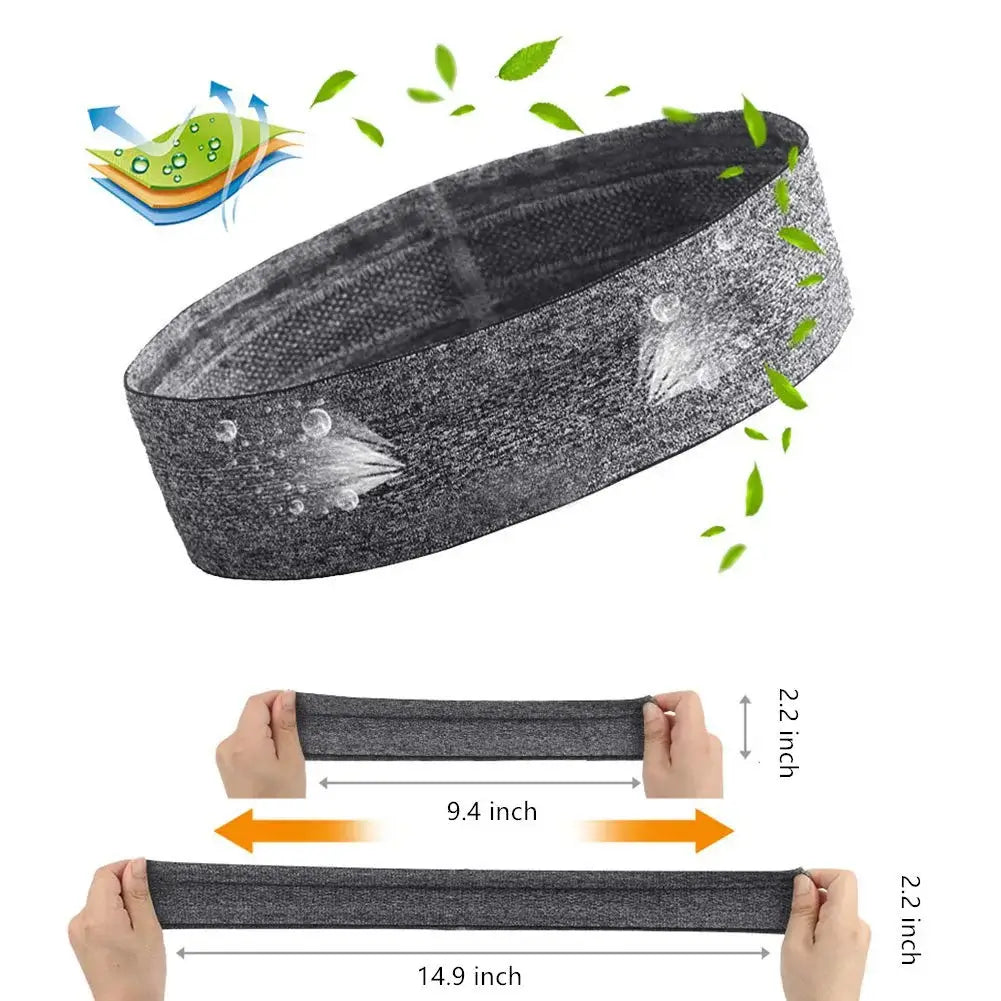 Grey Elastic Workout Sweatband | Unisex Fitness Headband showing breathable, stretchable fabric and sweat-wicking features with size dimensions.