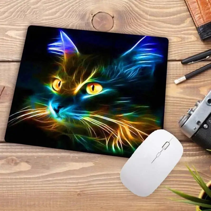 Cute Cat Mousepad with glowing neon cat head design. Non-slip base and vibrant colors ideal for stylish computer setups.
