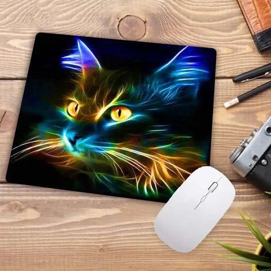 Cute Cat Mousepad with glowing neon cat head design. Non-slip base and vibrant colors ideal for stylish computer setups.