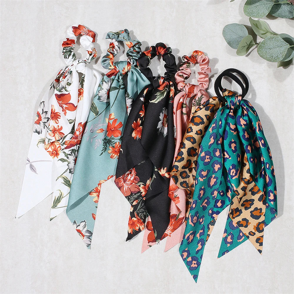 Fashion Print Bow Scrunchies Hair Ribbon