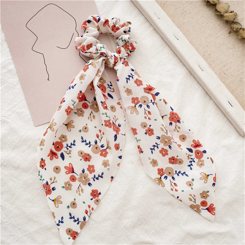 Fashion Print Bow Scrunchies Hair Ribbon