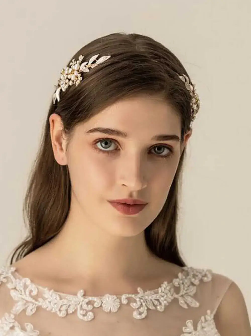 Front view of Princess Leaves Hair Accessories on model, showcasing symmetrical leaf and pearl embellishments for bridal wear.