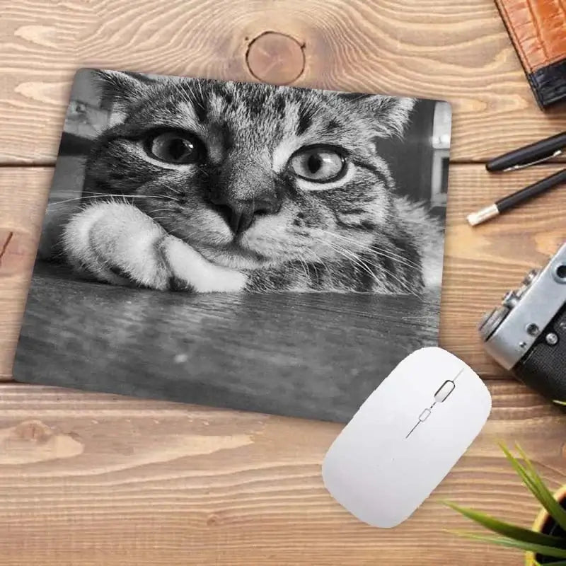 Cute Cat Mousepad featuring a black and white close-up of a tabby cat. Realistic photo design adds charm to any workspace.