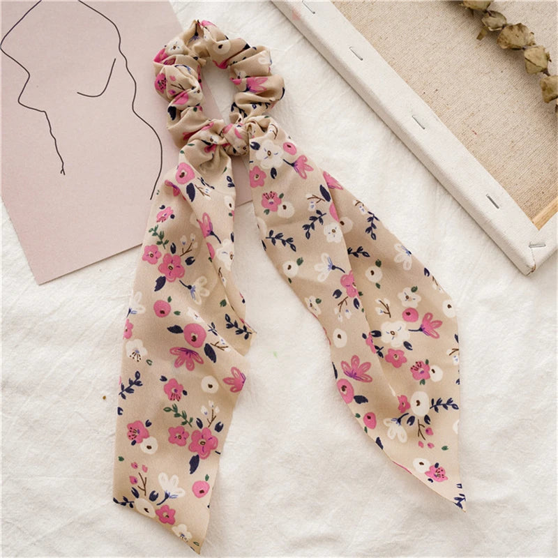 Fashion Print Bow Scrunchies Hair Ribbon