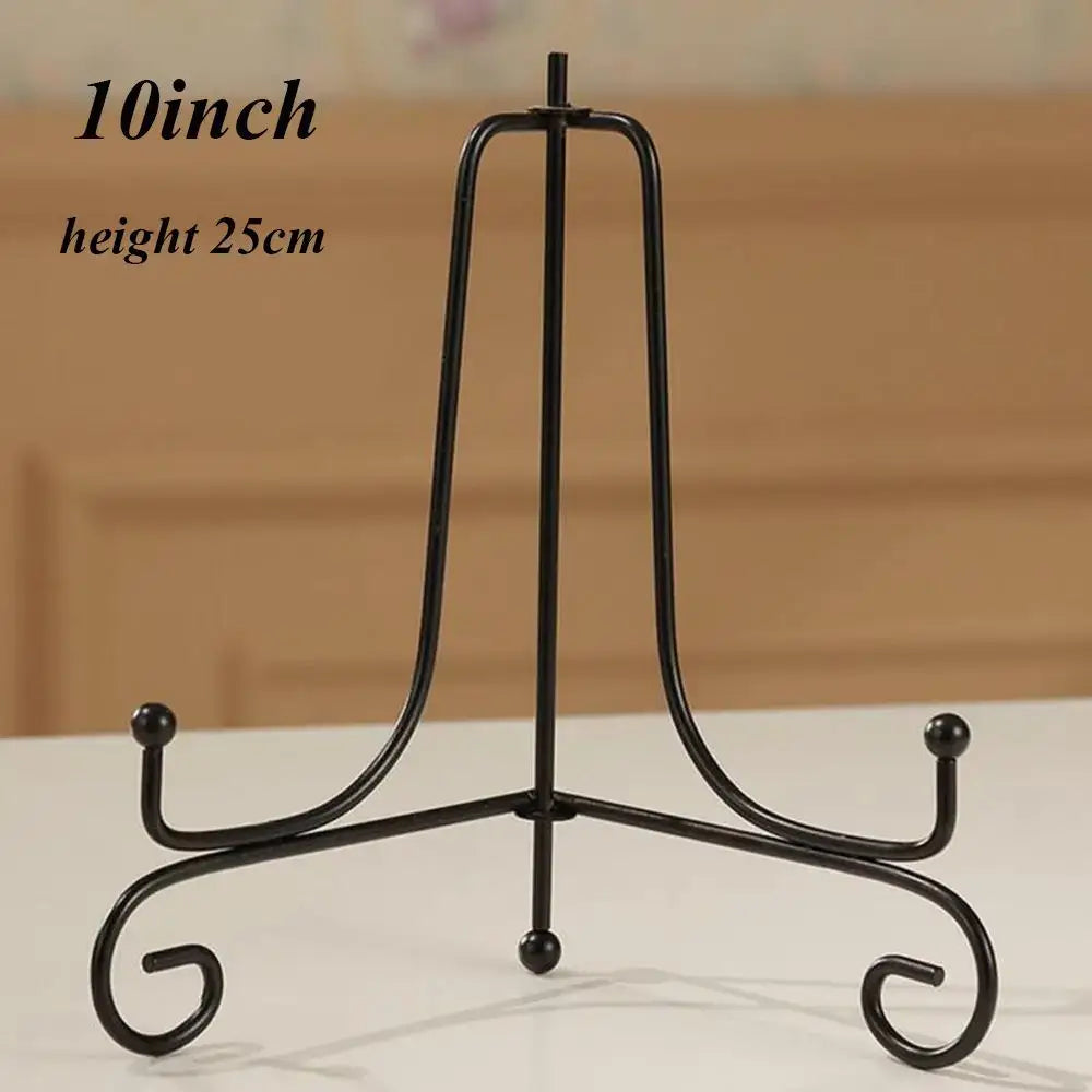 10-inch black iron plate rack easel with 25cm height. Ideal for displaying large plates, books, or art in home decor settings.