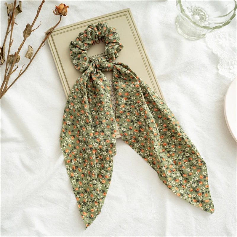 Fashion Print Bow Scrunchies Hair Ribbon